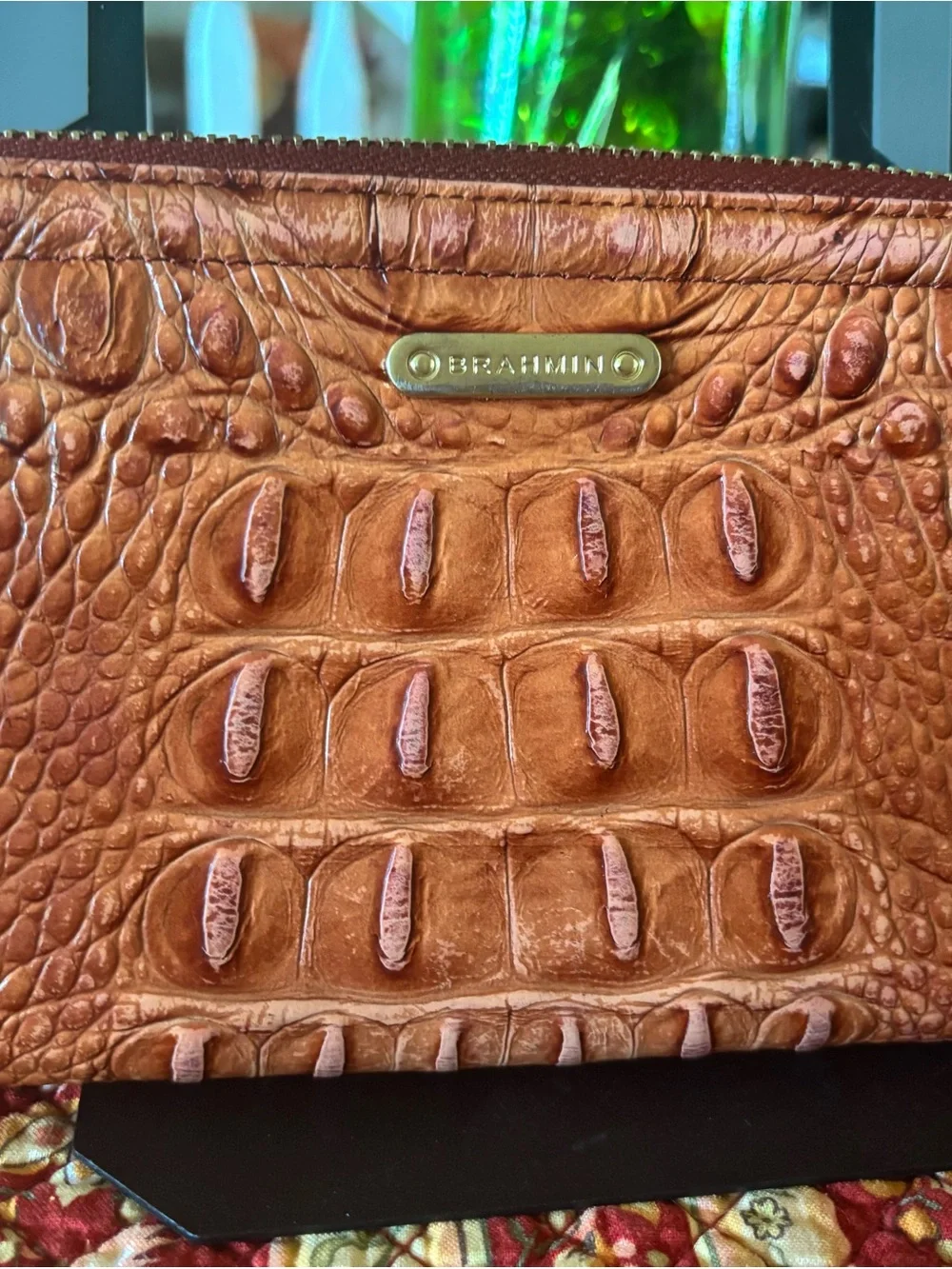 Vintage Brahmin Suri Leather Long Wallet Zip Around Cognac Brown Croc Embossed